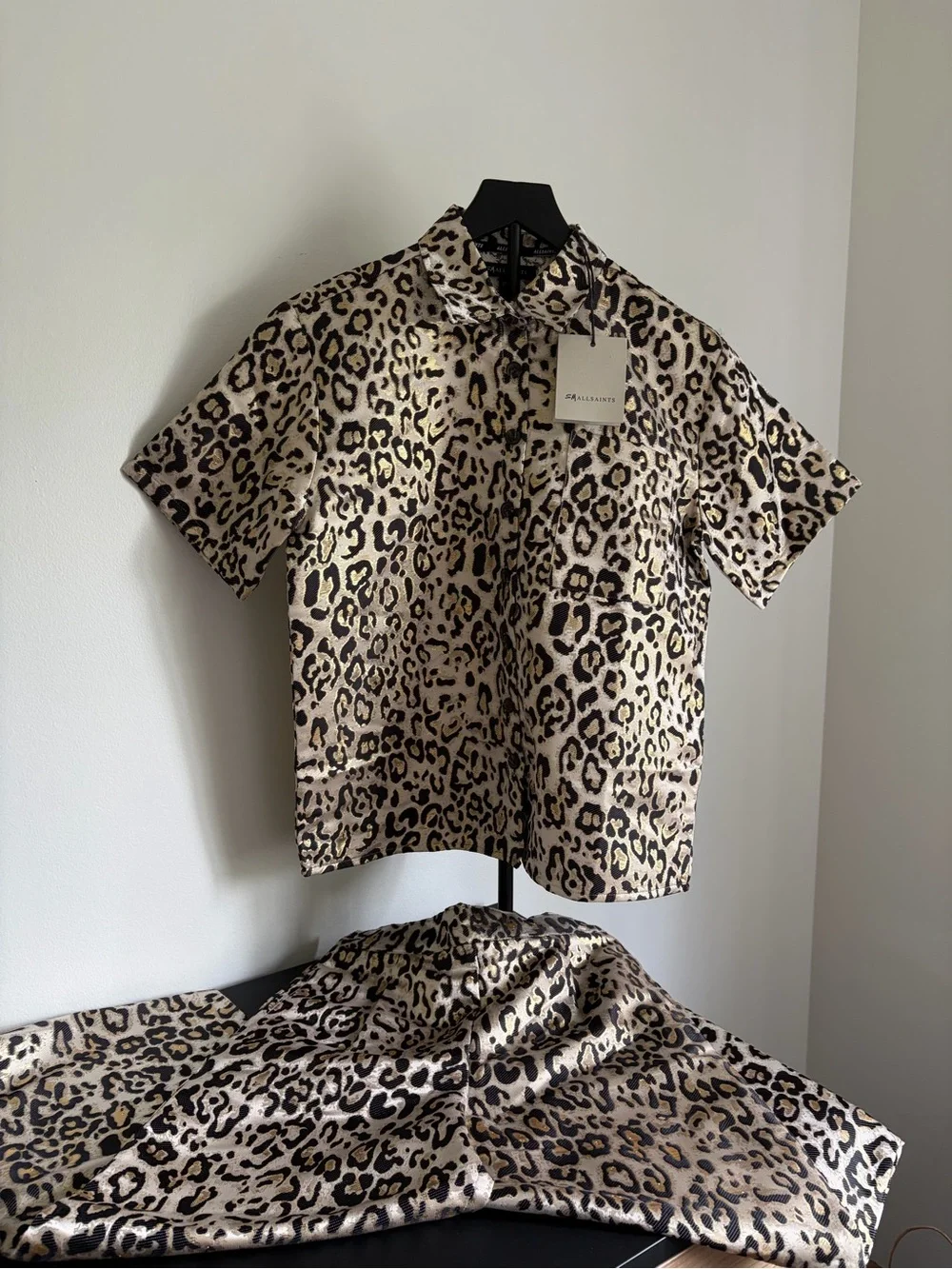 AllSaints Metallic Leopard Print Button-Up Jacket in Black, Gold, Cream